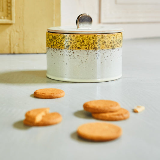 Ceramic jar with yellow and white pattern on a light surface with cookies around it.