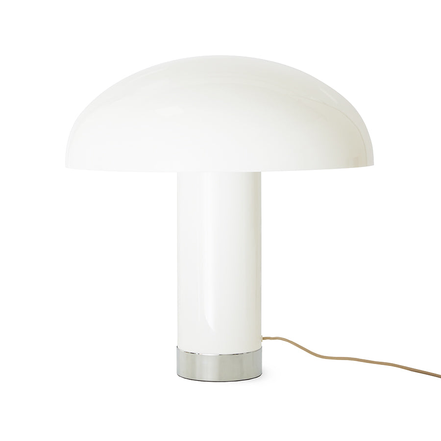 White table lamp with a silver base on a white background