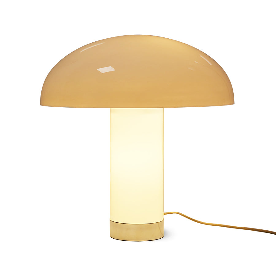 Mushroom-shaped table lamp with beige top and base on a white background