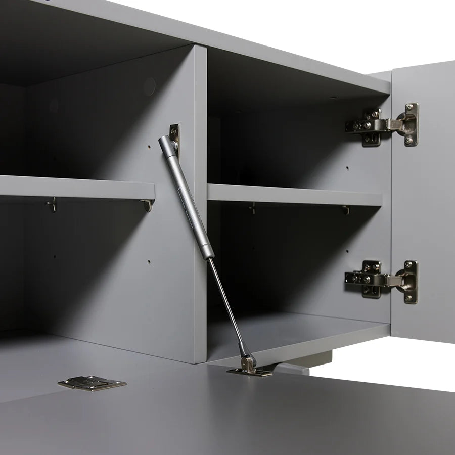 Close-up of a cabinet with an open door and visible hardware on a white background