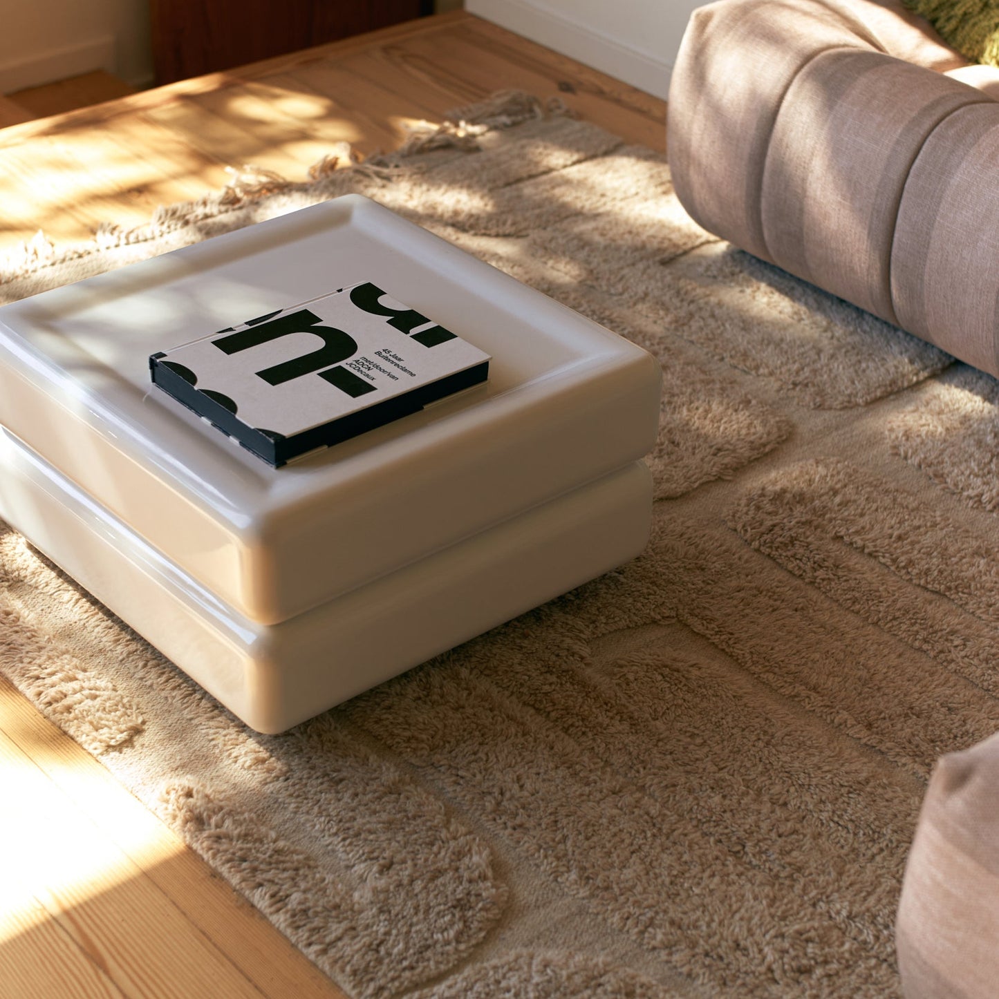 White square object with black design on a beige rug in a room with wooden floor and furniture.