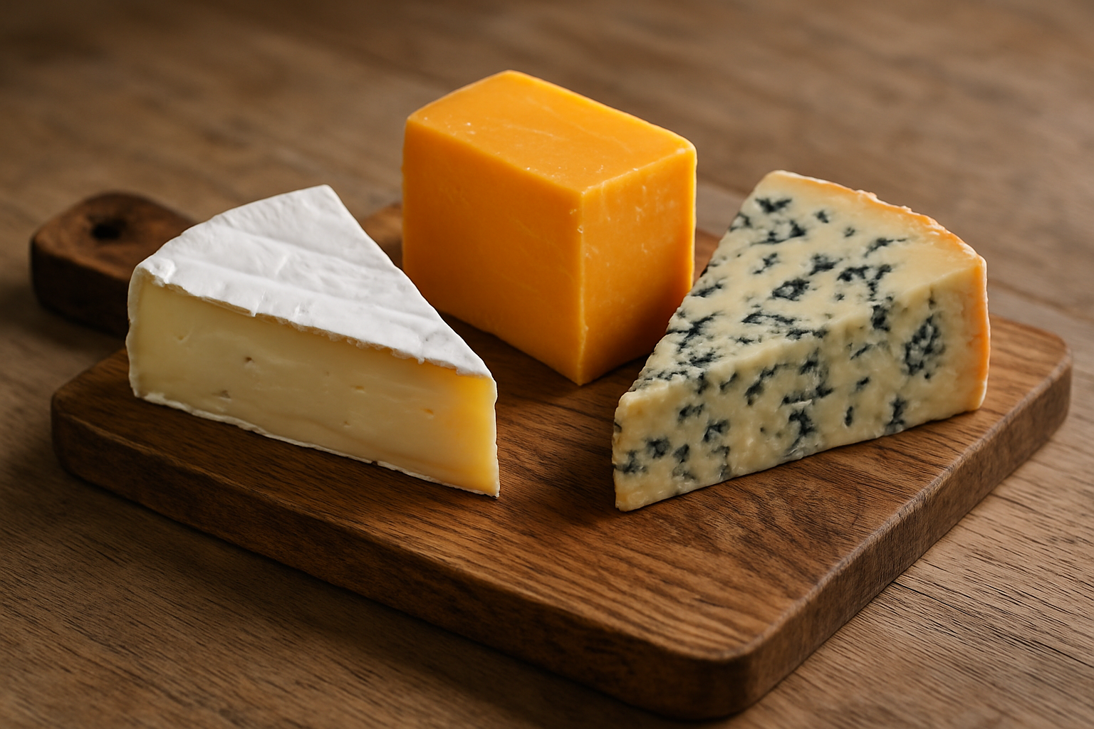 wooden board with 3 different cheeses